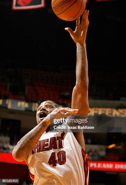 Udonis Haslem of the Miami Heat shoots against the Golden State Warriors on March 7, 2008 at the American Airlines Arena in Miami, Florida. NOTE TO...