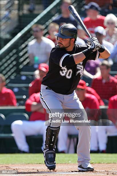 Nick Swisher of the Chicago White Sox bats during a Spring Training game against the Los Angeles Angels of Anaheim at Tempe Diablo Stadium on March...