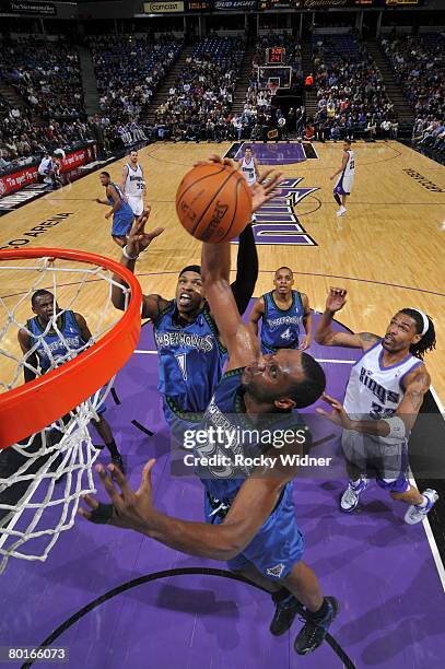 Al Jefferson of the Minnesota Timberwolves takes the ball to the basket against the Sacramento Kings at ARCO Arena March 7, 2008 in Sacramento,...