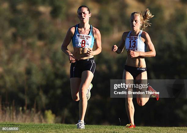 Junior girls Emily Brichacek of the ACT races Elise Clayton of VIC during the Australian selection trials for the 2008 World Cross Country...