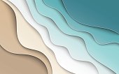 Abstract blue sea and beach summer background with curve paper waves and seacoast for banner, flyer, invitation, poster or web site design. Paper cut out art style, space for your text