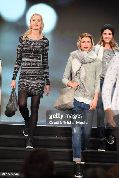 Miriam Hoeller and Giuliana Farfalla walk the runway during the Ernsting's Family Fashion Show at Stage Operettenhaus on June 26, 2017 in Hamburg,...