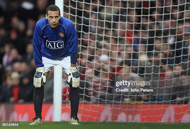 Rio Ferdinand of Manchester United takes his place in goal after the sending off of Tomasz Kuszczak during the FA Cup sponsored by e.on Quarter-Final...