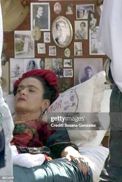 Mexican actress Salma Hayek performs in a scene on the set of the film "Frida Kahlo" April 12, 2001 in Puebla, Mexico. Hayek plays the title role in...