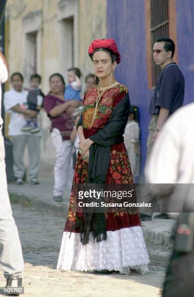 Mexican actress Salma Hayek performs in a scene on the set of the film "Frida Kahlo" April 12, 2001 in Puebla, Mexico. Hayek plays the title role in...