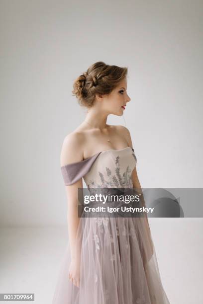 portrait of woman in pink prom dress  in studio - prom dress stock pictures, royalty-free photos & images