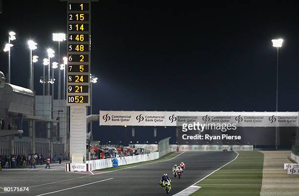 James Toseland of Great Britain and Tech 3 Yamaha Team leads the field down the main straight during practice for the Motorcycle Grand Prix of Qatar,...