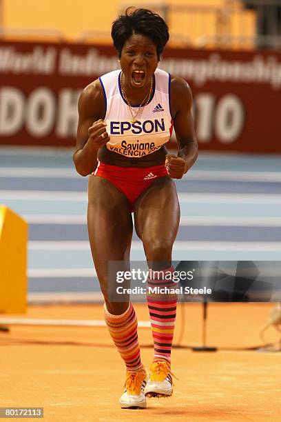 Yargelis Savigne of Cuba celebrates an attempt in the Womens Triple Jump Final during the 12th IAAF World Indoor Championships at the Palau Lluis...