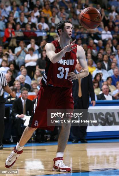 Taj Finger of the Stanford Cardinal passes the ball during the college basketball game against the UCLA Bruins at Pauley Pavilion on March 6, 2008 in...