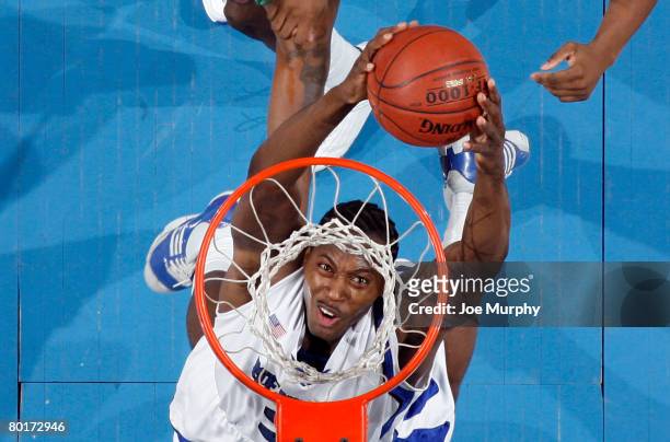 Joey Dorsey of the Memphis Tigers goes up for a two-handed dunk against the UAB Blazers at FedExForum on February 23, 2008 in Memphis, Tennessee....