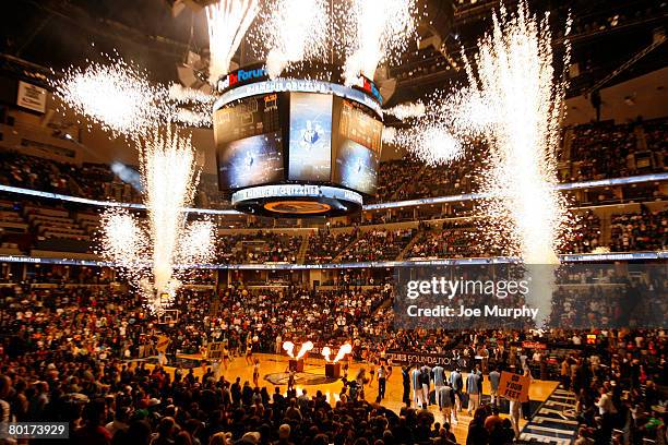 Pregame fireworks before the Memphis Grizzlies play the Boston Celtics on March 8, 2008 at the FedExForum in Memphis, Tennessee. NOTE TO USER: User...