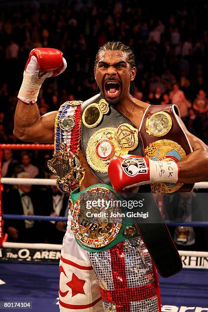 David Haye celebrates his second-round knockout victory over Enzo Maccarinelli for the Unified World Cruiserweight title at The O2 Arena March 9,...