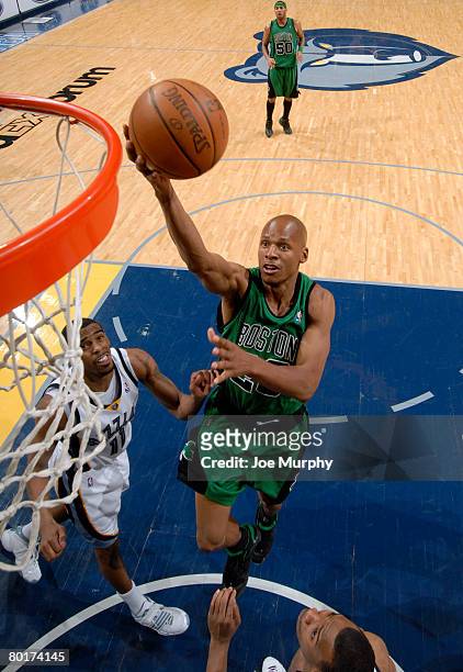 Ray Allen of the Boston Celtics shoots layup on Mike Conley of the Memphis Grizzlies on March 8, 2008 at the FedExForum in Memphis, Tennessee. NOTE...
