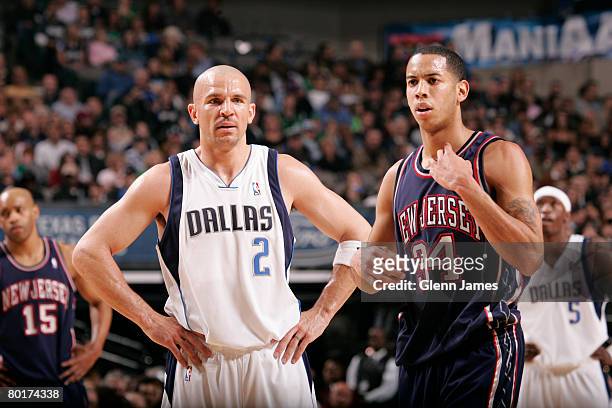 Jason Kidd of the Dallas Mavericks stands with Devin Harris of the New Jersey Nets at the American Airlines Center March 8, 2008 in Dallas, Texas....