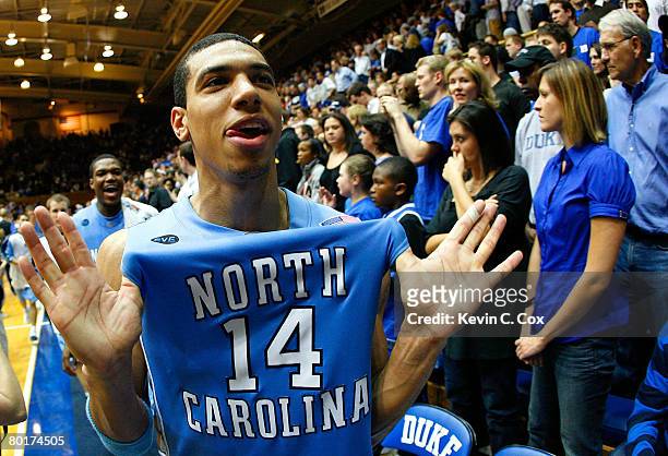 Danny Green of the North Carolina Tar Heels celebrates their 76-68 win over the Duke Blue Devils at Cameron Indoor Stadium March 8, 2008 in Durham,...