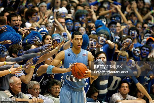 Danny Green of the North Carolina Tar Heels throws the ball in against the Duke Blue Devils during the second half at Cameron Indoor Stadium on March...