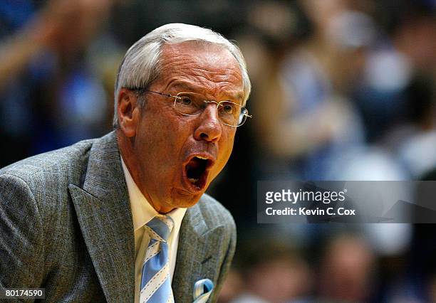 Head coach Roy Williams of the North Carolina Tar Heels yells to his offense during the second half against the Duke Blue Devils at Cameron Indoor...