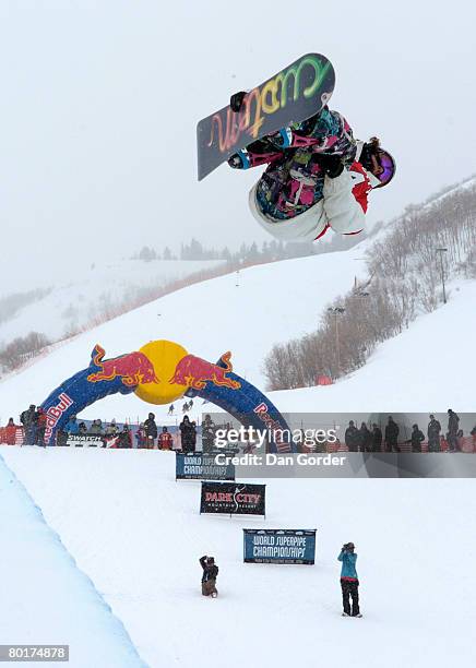 Luke Mitrani competes in the 2008 World Superpipe Championship at Park City Mountain Resort on March 8, 2008 in Park City, Utah.