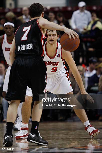 Luke Jackson of the Idaho Stampede blocks Kevin Kruger of the Utah Flash during the D-League game at Qwest Arena March 8, 2008 in Boise, Idaho. NOTE...
