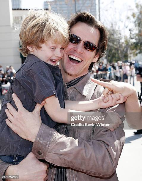 Actor Jim Carrey and Evan Asher, son of actress Jenny McCarthy, arrive at the world premiere of 20th Century Fox's "Horton Hears a Who!" at the Mann...