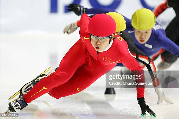 Wang Meng of China competes in the Ladies 1000M semi finals during day three of the 2008 ISU World Short Track Speed Skating Championships at...