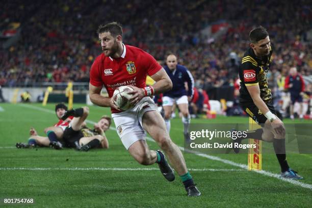 Tommy Seymour of the Lions scores his team's third try during the 2017 British & Irish Lions tour match between the Hurricanes and the British &...