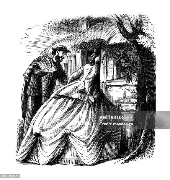 young woman enters home in the company of an adult male 1867 -illustration - woman entering home stock illustrations