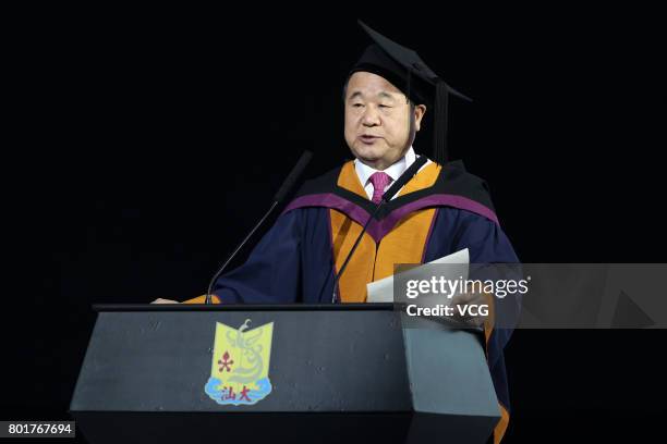 Nobel Prize winner in Literature Mo Yan makes speech during the graduation ceremony of Shantou University on June 27, 2017 in Shantou, Guangdong...