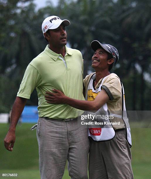 Arjun Atwal of India celebrates after after the final round of the Maybank Malaysian Open held at the Kota Permai Golf & Country Club on March 9,...