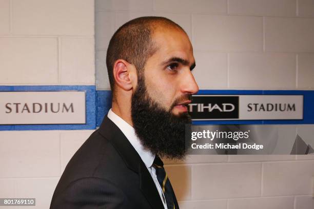 Bachar Houli of the Richmond Tigers leaves the AFL tribunal on receiving a two week suspension for striking Jed Lamb of Carlton on June 27, 2017 in...