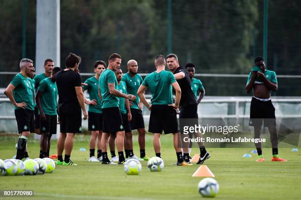 Oscar Garcia of Saint Etienne and Nolan Roux and players during Press conference and training session of AS Saint-Etienne on June 26, 2017 in...