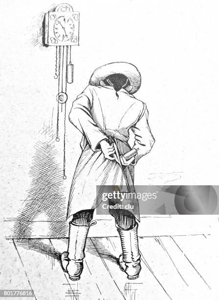 man standing on wall before clock, rear view, hands on back - hiding behind back stock illustrations