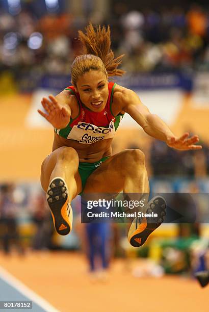 Naide Gomes of Portugal competes in the Womens Long Jump Final during the 12th IAAF World Indoor Championships at the Palau Lluis Puig on March 9,...