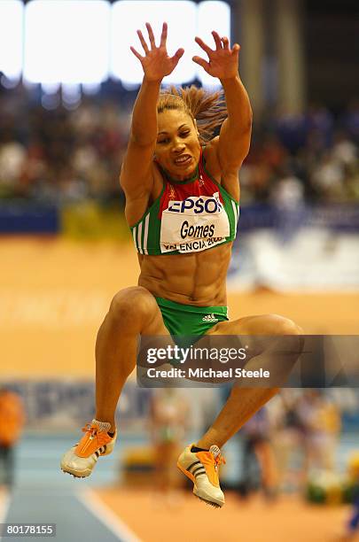 Naide Gomes of Portugal competes in the Womens Long Jump Final during the 12th IAAF World Indoor Championships at the Palau Lluis Puig on March 9,...