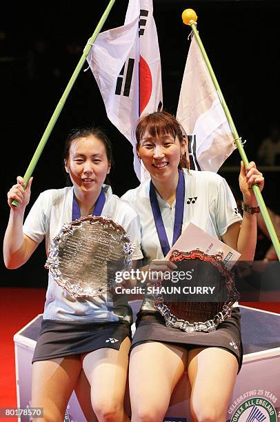 Korean Badminton players Lee Hyo Jung and Lee Kyung Won celebrate after beating China's Du Jing and Yu Yang in the womens doubles finals of the Yonex...