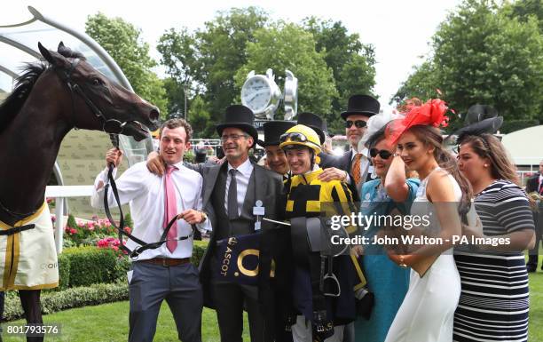 Jockey Antoine Hamelin celebrates winning the Albany Stakes on Different League during day four of Royal Ascot at Ascot Racecourse.