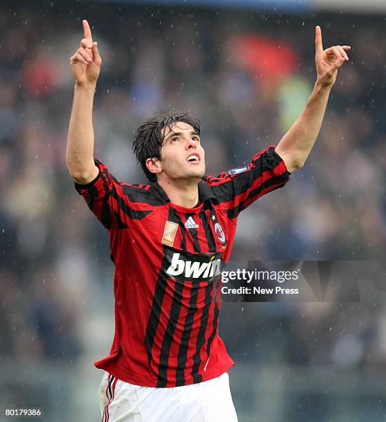 Kaka of AC Milan celebrates scoring the third goal during the Serie A match between Empoli and AC Milan at the Stadio Carlo Castellani on March 9,...