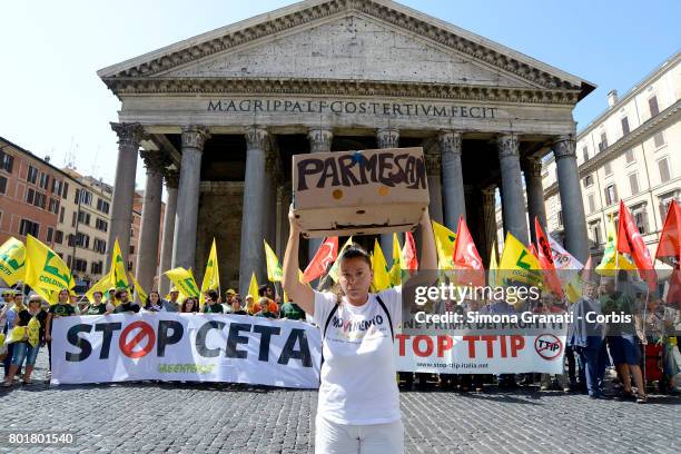 Protest in Rome in front of the Pantheon against CETA, on June 27, 2017 in Rome, Italy. The Comprehensive Economic and Trade Agreement is a...