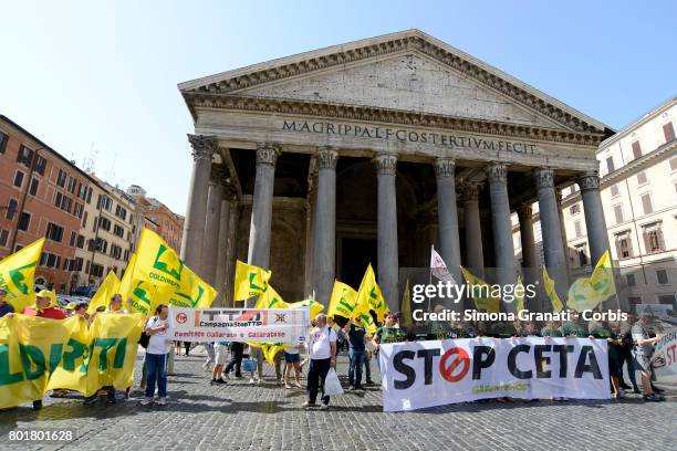 Protest in Rome in front of the Pantheon against CETA, on June 27, 2017 in Rome, Italy. The Comprehensive Economic and Trade Agreement is a...