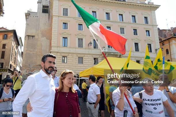 Riccardo Fraccaro and Elena Fattori of Five Stars Movement during the Protest in Rome in front of the Pantheon against CETA, on June 27, 2017 in...