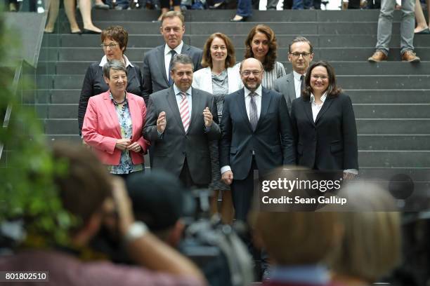 Martin Schulz , head of the German Social Democrats and SPD chancellor candidate, poses with leading SPD members Environment Minister Barbara...