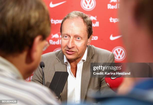 Hellmut Krug in interview during the DFB Video Referee Media Workshop at Red Bull Arena on June 27, 2017 in Leipzig, Germany.