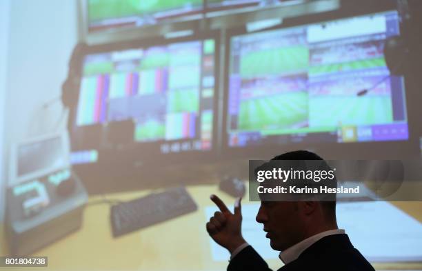 Felix Zwayer explains situations during the DFB Video Referee Media Workshop at Red Bull Arena on June 27, 2017 in Leipzig, Germany.