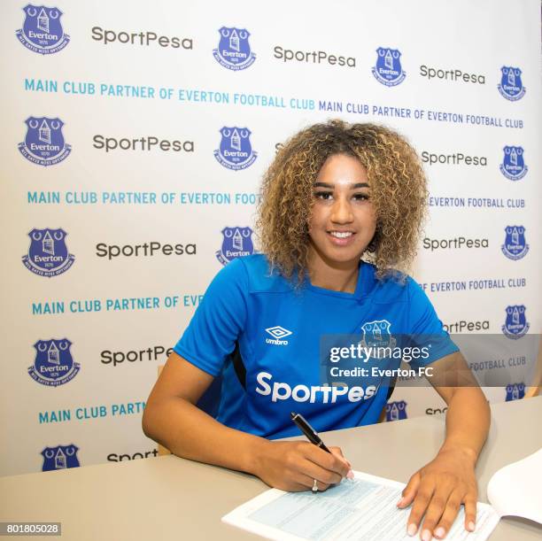 Gabby George of Everton Ladies poses for a photo after signing a full-time contract with Everton Ladies at USM Finch Farm on June 27, 2017 in...
