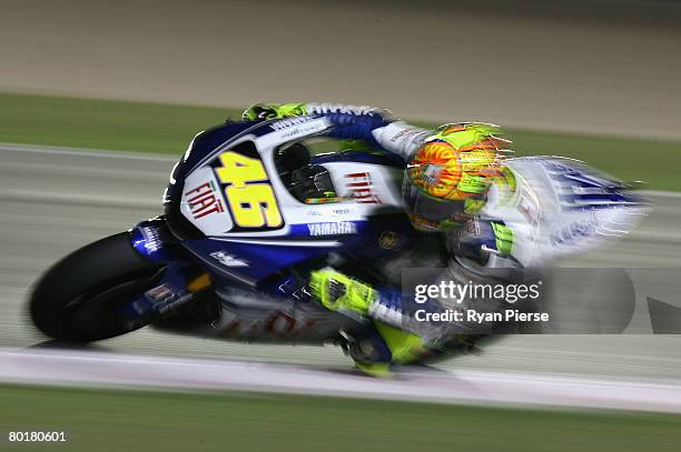 Valentino Rossi of Italy and the Fiat Yamaha Team in action during the Moto GP warm up for the Motorcycle Grand Prix of Qatar, round one of the...