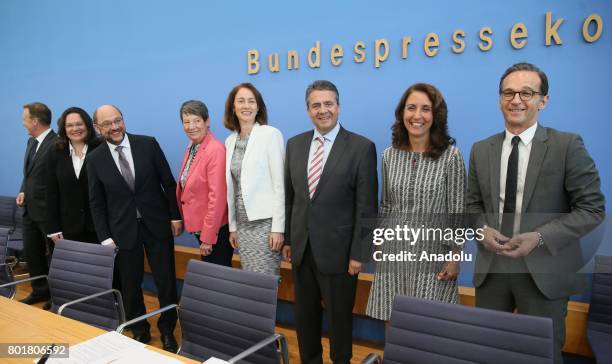 Leader of Germany's Social Democrats Martin Schulz , German Foreign Minister Sigmar Gabriel , German Social Democrats Bundestag faction leader Thomas...