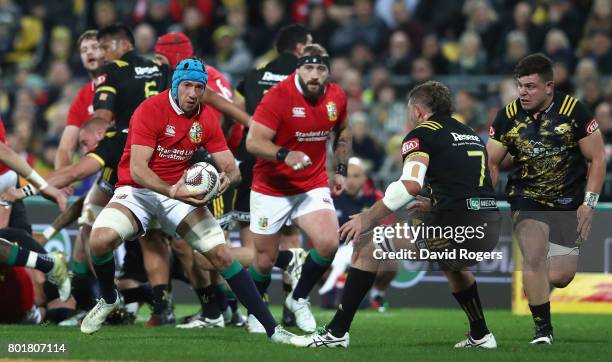 Justin Tipuric of the Lions charges upfield during the match between the Hurricans and the British & Irish Lions at Westpac Stadium on June 27, 2017...