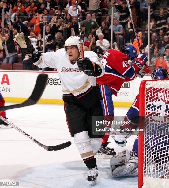 Teemu Selanne of the Anaheim Ducks celebrates a third period goal against the Montreal Canadiens at the Honda Center March 9, 2008 in Anaheim,...