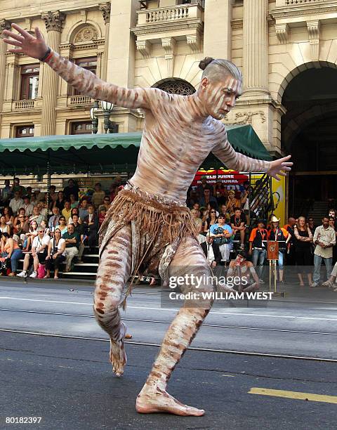 An Aboriginal dancer performs at the start of the Moomba Parade in Melbourne on March 10, 2008. The parade is part of the Moomba festival and...