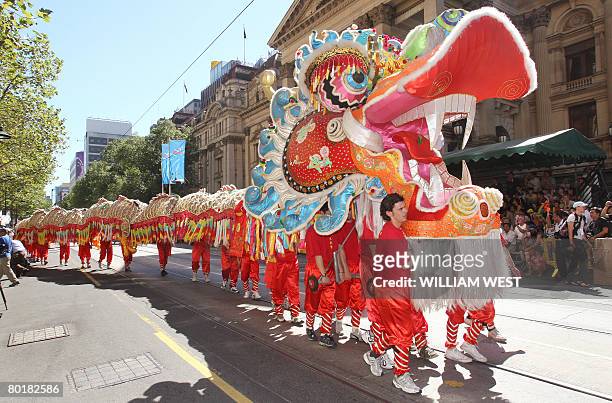 Huge dragon from the local Chinese community works it way through the city streets during the Moomba Parade in Melbourne on March 10, 2008. The...